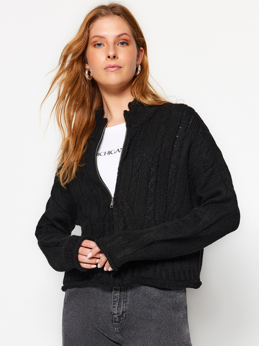 Trendyol Cable Knit Self-Design Spread Collar Drop-Shoulder Sleeves Cardigan