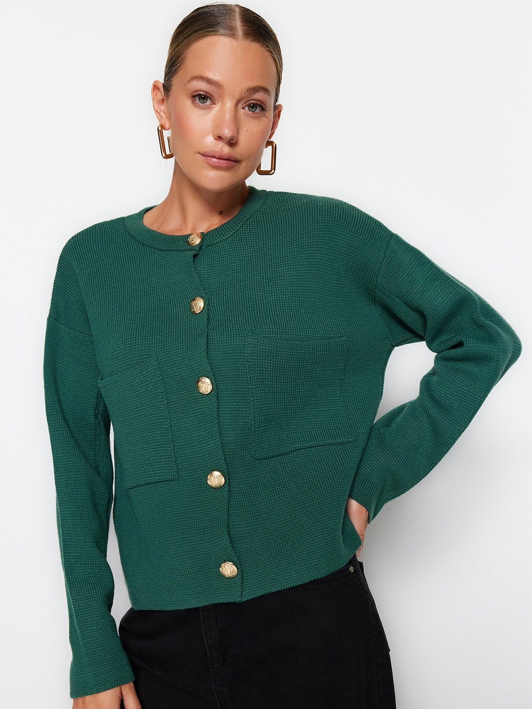 Trendyol Ribbed Acrylic Henley Neck Cardigan