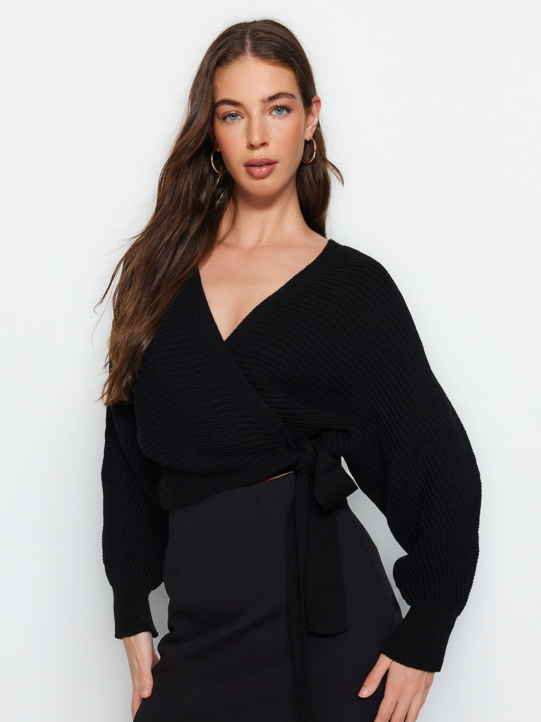 Trendyol V-Neck Cable Knit Pure Acrylic Wrap Pullover Sweaters