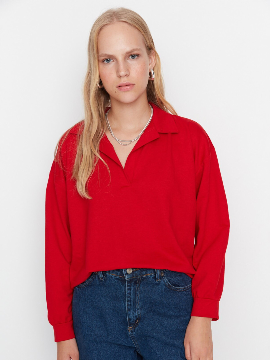 Trendyol Cherry Red Shirt Collar Regular Sweatshirt