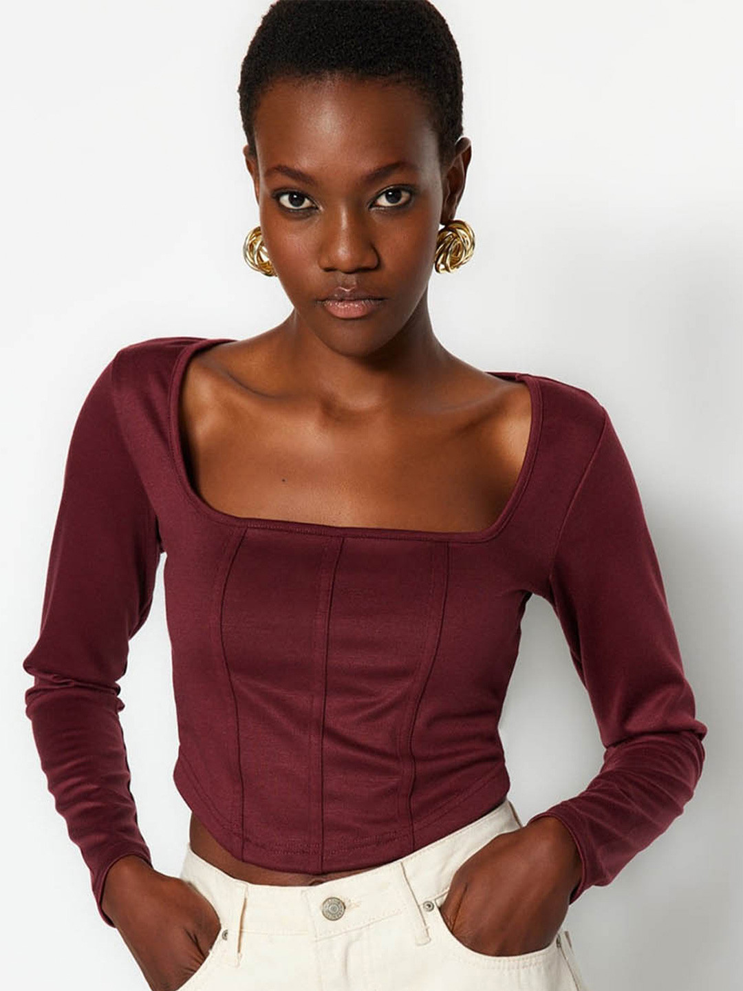 Trendyol Square Neck Long Sleeve Crop Top