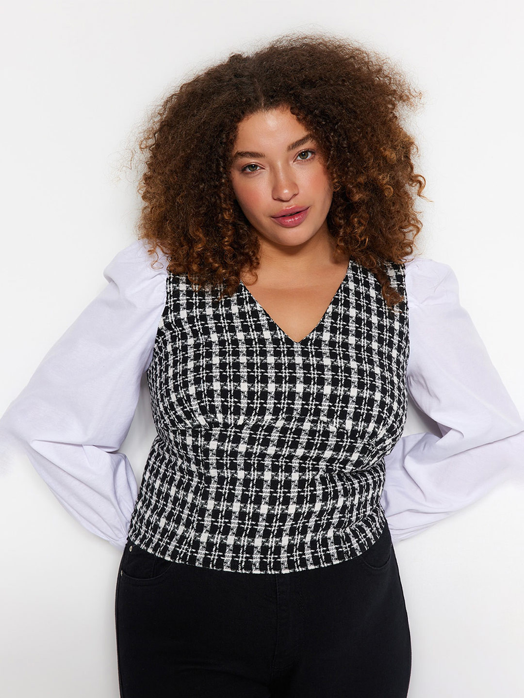 Trendyol Plus Size Checked Puff Sleeves Regular Top