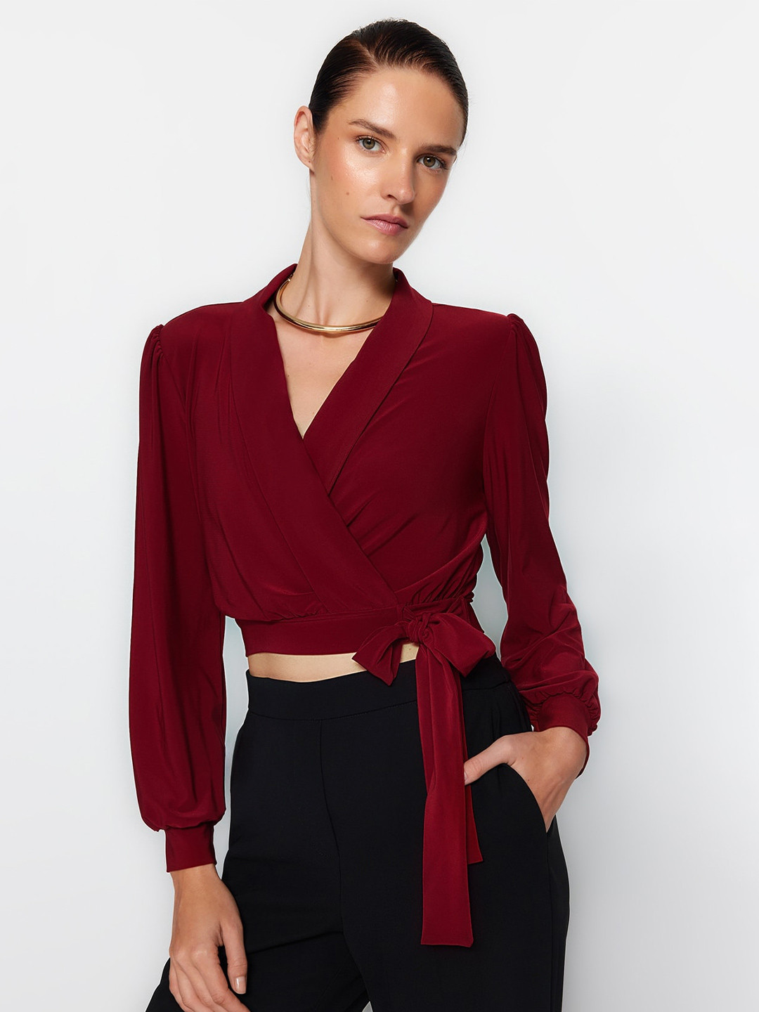 Trendyol Shawl Collar Waist Tie-Ups Crop Wrap  Top