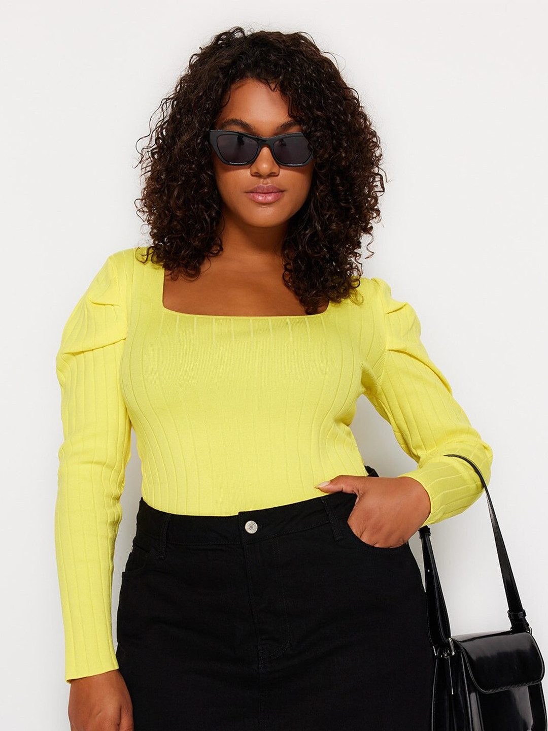 Trendyol Plus Size Square Neck Puff Sleeve Top