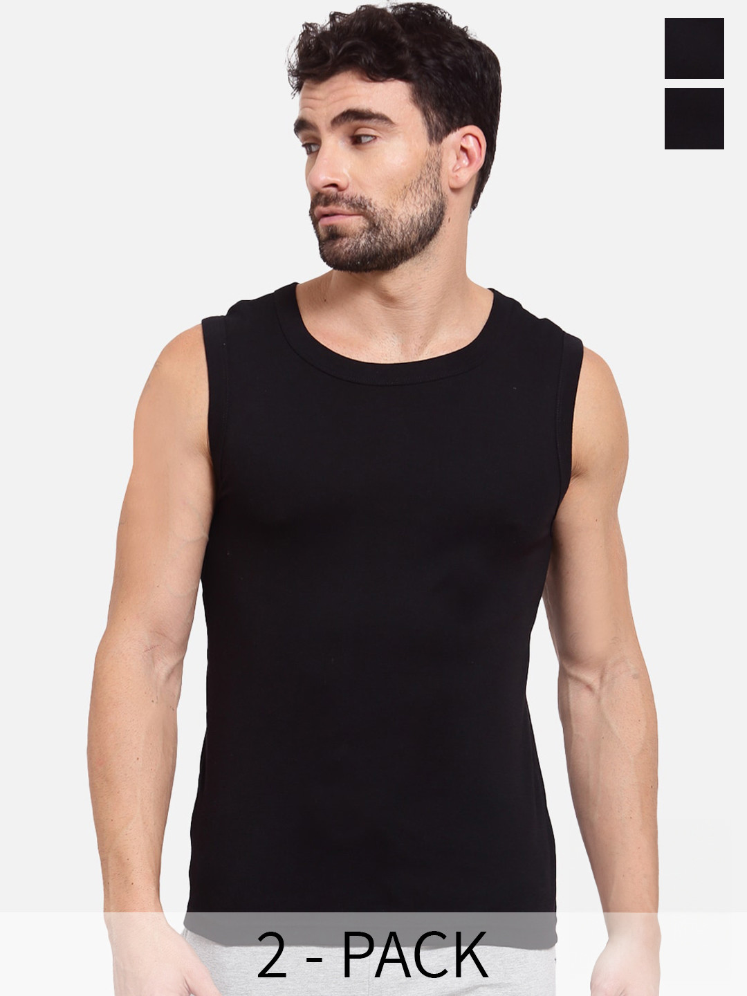 SPORTO Pack Of 2 Cotton Sleeveless Innerwear Vests SP-VE-708-BLK-BLK-2P-S
