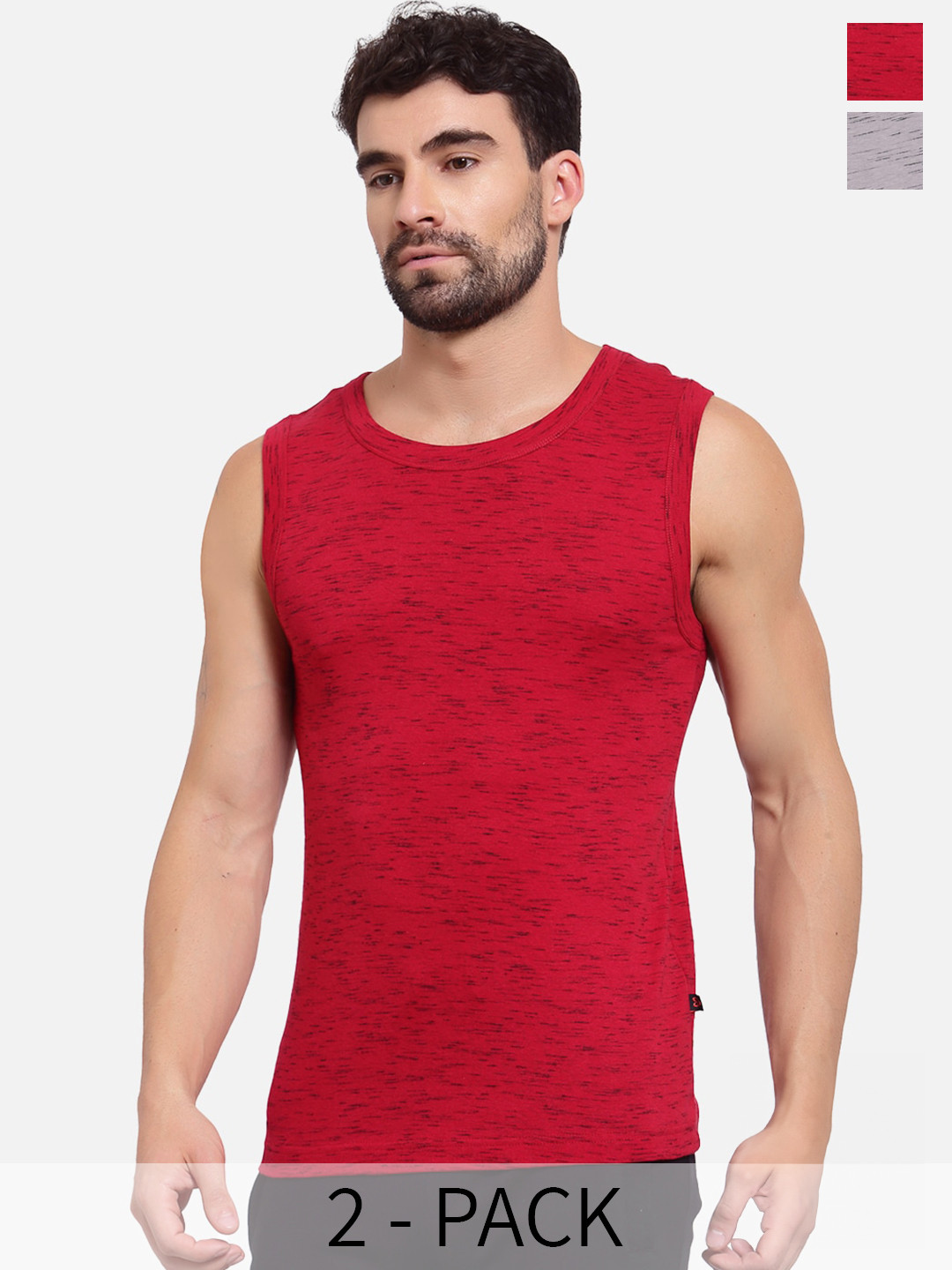 SPORTO Pack Of 2 Printed Cotton Sleeveless Innerwear Vests SP-VE-707-MID GR-GRRED-2P-S