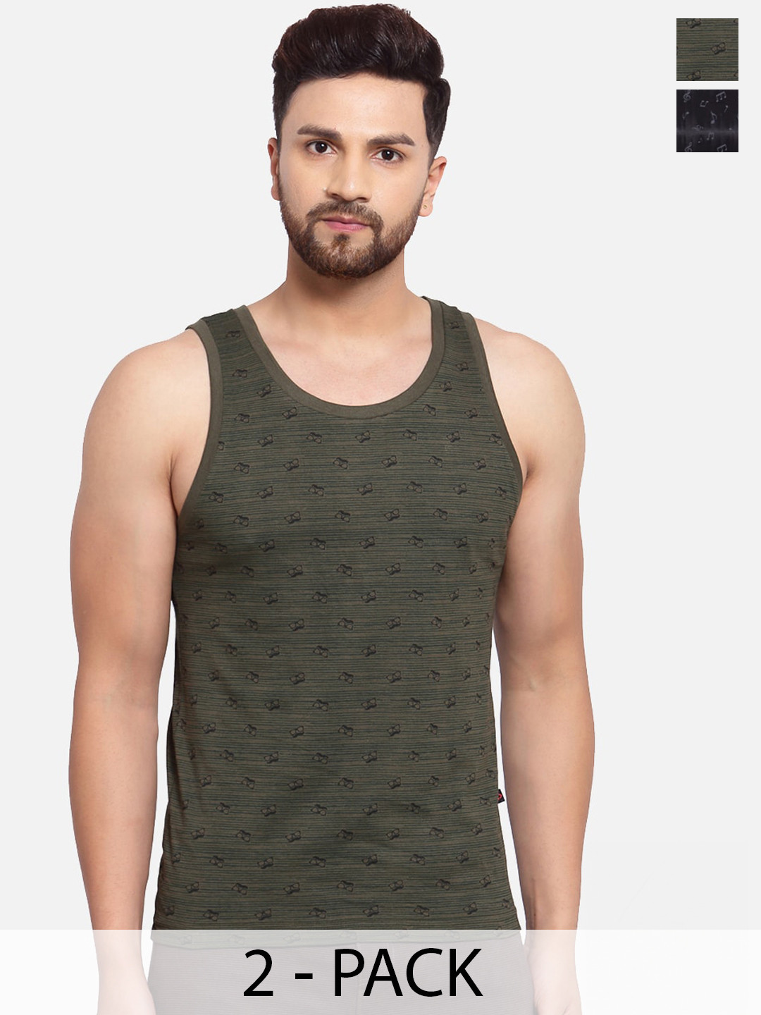 SPORTO Pack Of 2 Cotton Sleeveless Innerwear Vests SP-VE-705-OL-BLK-2P-S