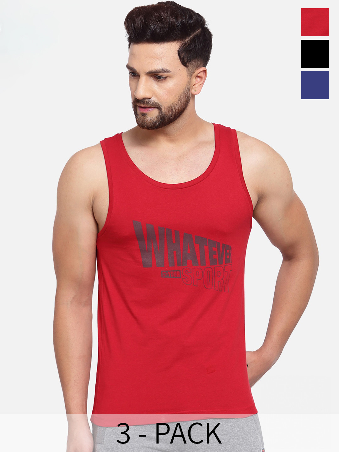 SPORTO Pack Of 3 Pure Cotton Rich Sleeveless Innerwear Vests SP-VE-706-ODR-BLK-NY-3P-XL