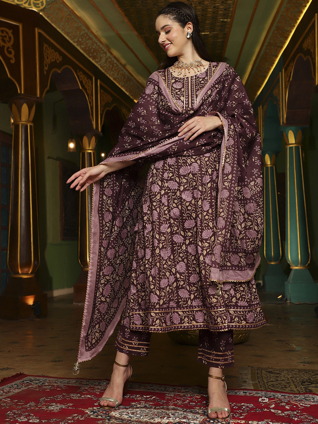 Sangria Purple Floral Printed Pure Cotton Anarkali Kurta & Trouser With Dupatta