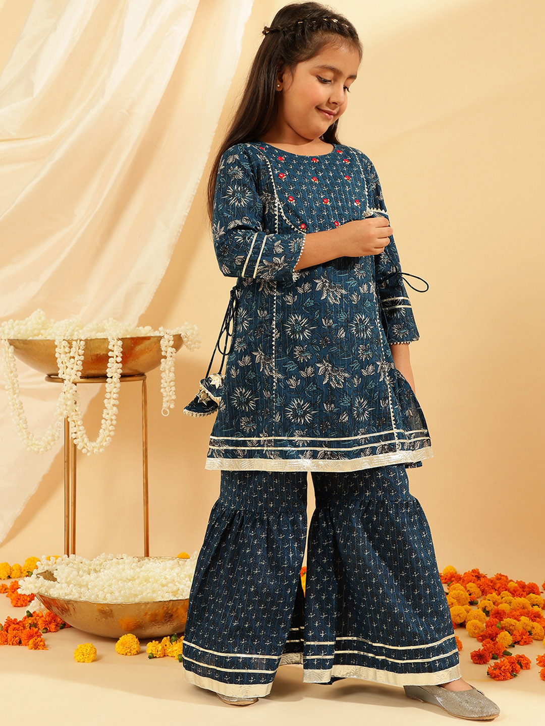 Sangria Girls Blue Floral Printed Pure Cotton A-Line Kurta With Sharara Set