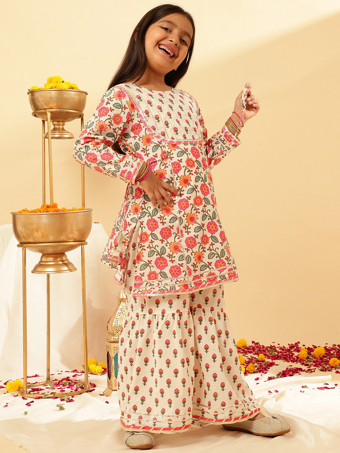 Sangria Cream-Coloured Floral Printed Pure Cotton A-Line Kurta With Sharara Set