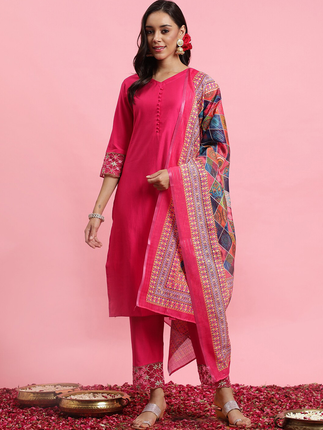Indo Era V-Neck Thread Work Kurta With Trousers & Dupatta