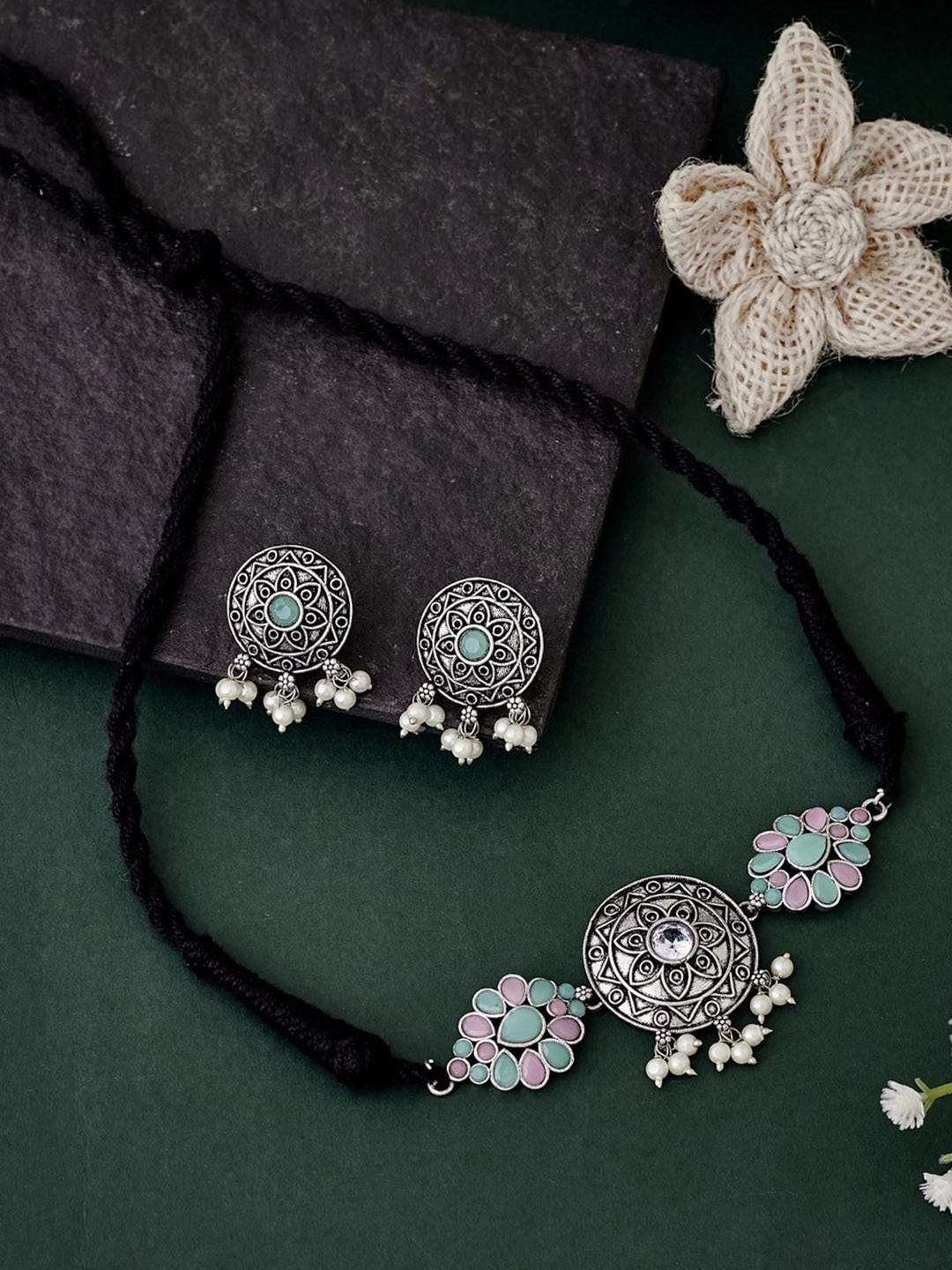 ATIBELLE Silver-Plated Stones-Studded & Beaded Jewellery Set