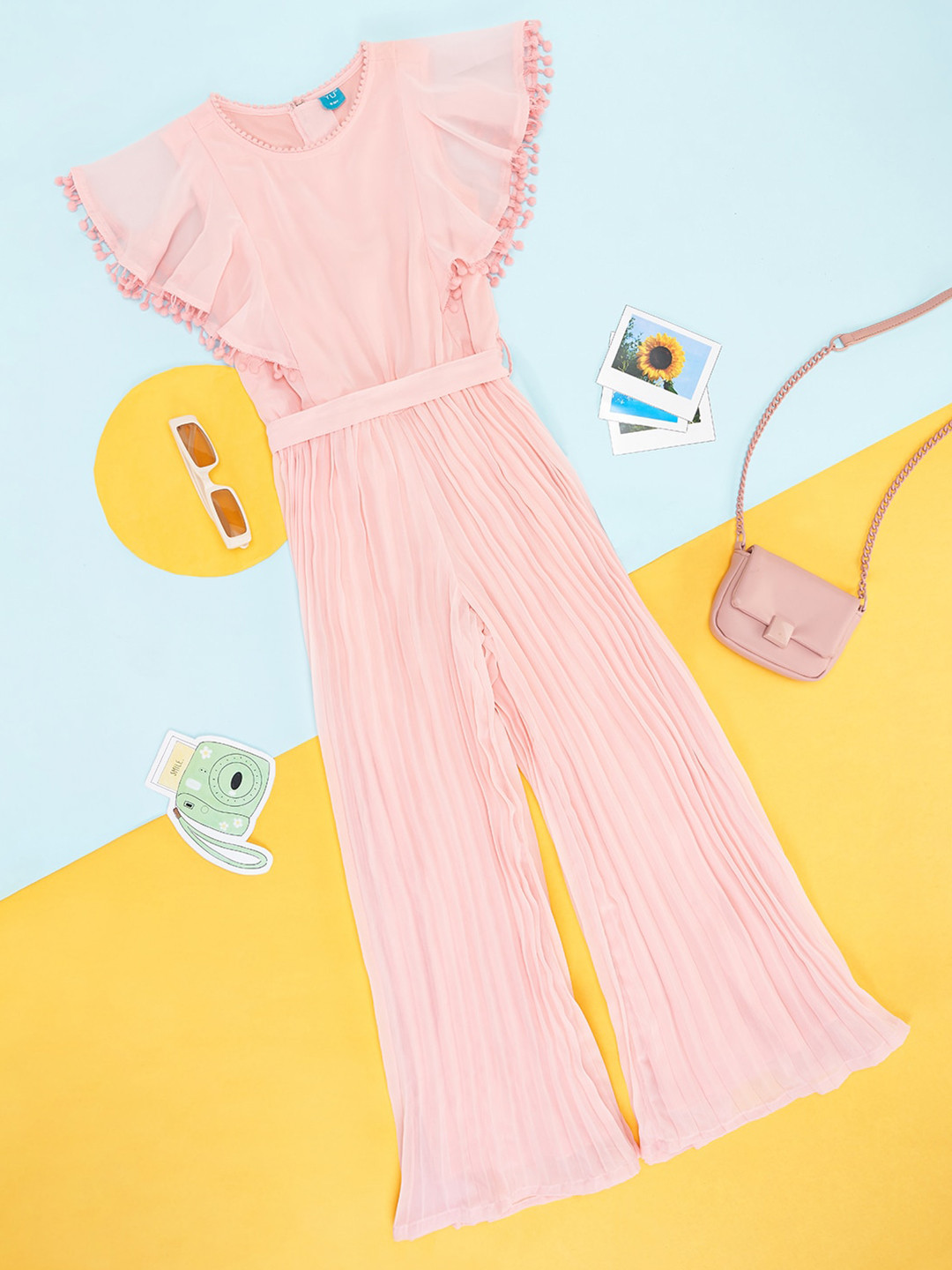 YU by Pantaloons Girls Accordion Pleated Flared Sleeve Culotte Jumpsuit