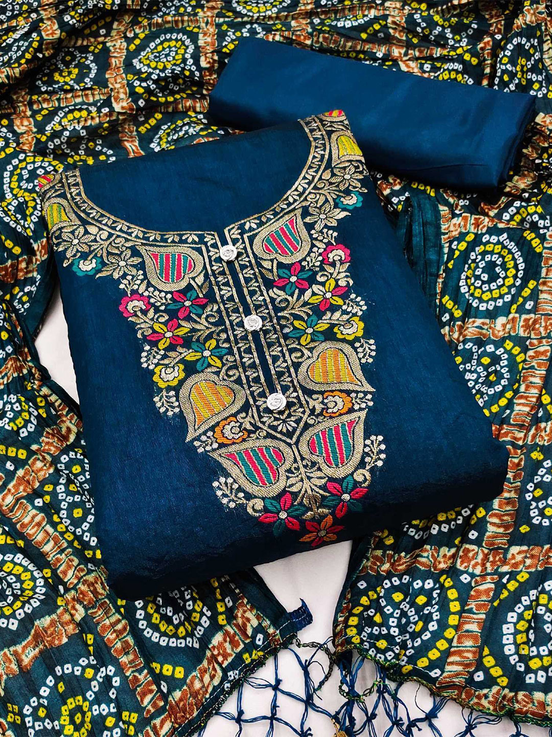 KALINI Ethnic Motifs Art Silk Unstitched Dress Material