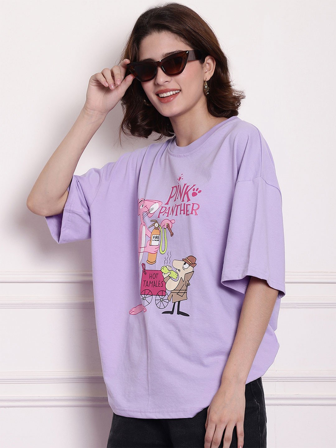 Fabflee Oversized Graphic Pink Panther Printed Drop Shoulder Sleeves Cotton Casual T-shirt