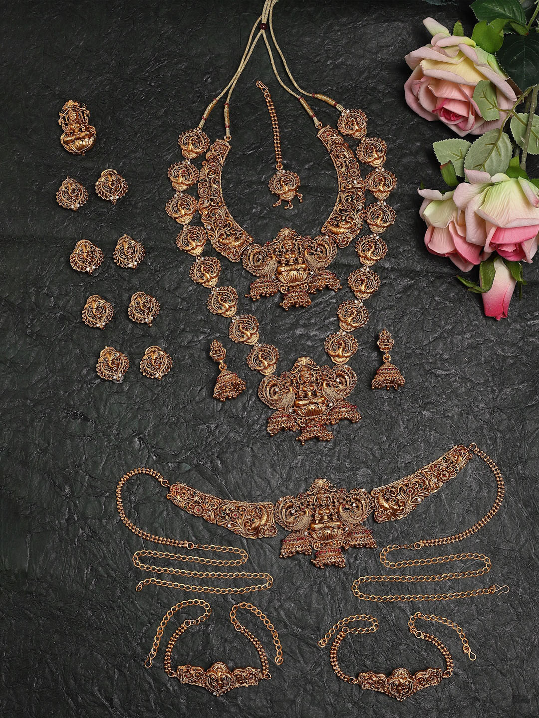 PANASH Gold-Plated Kundan-Studded Peacock Shaped Temple Layered Jewellery Set