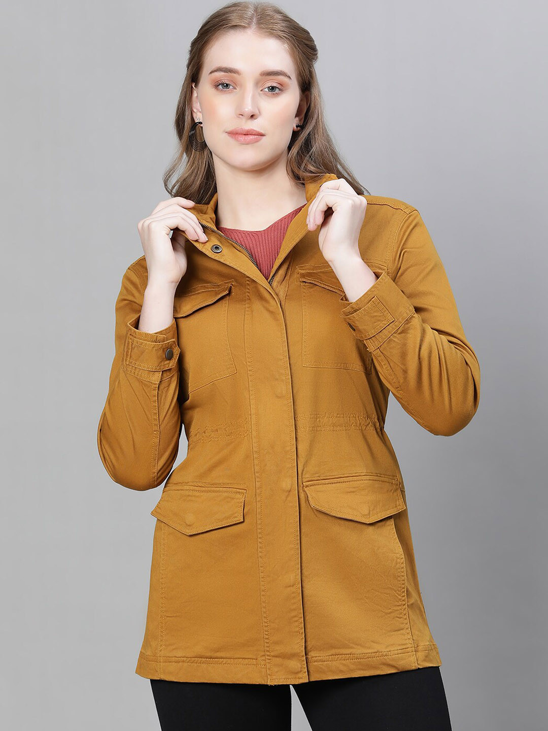 Oxolloxo Mustard yellow Collared Snap Buttoned Lightweight Long Sleeves Cotton Jacket