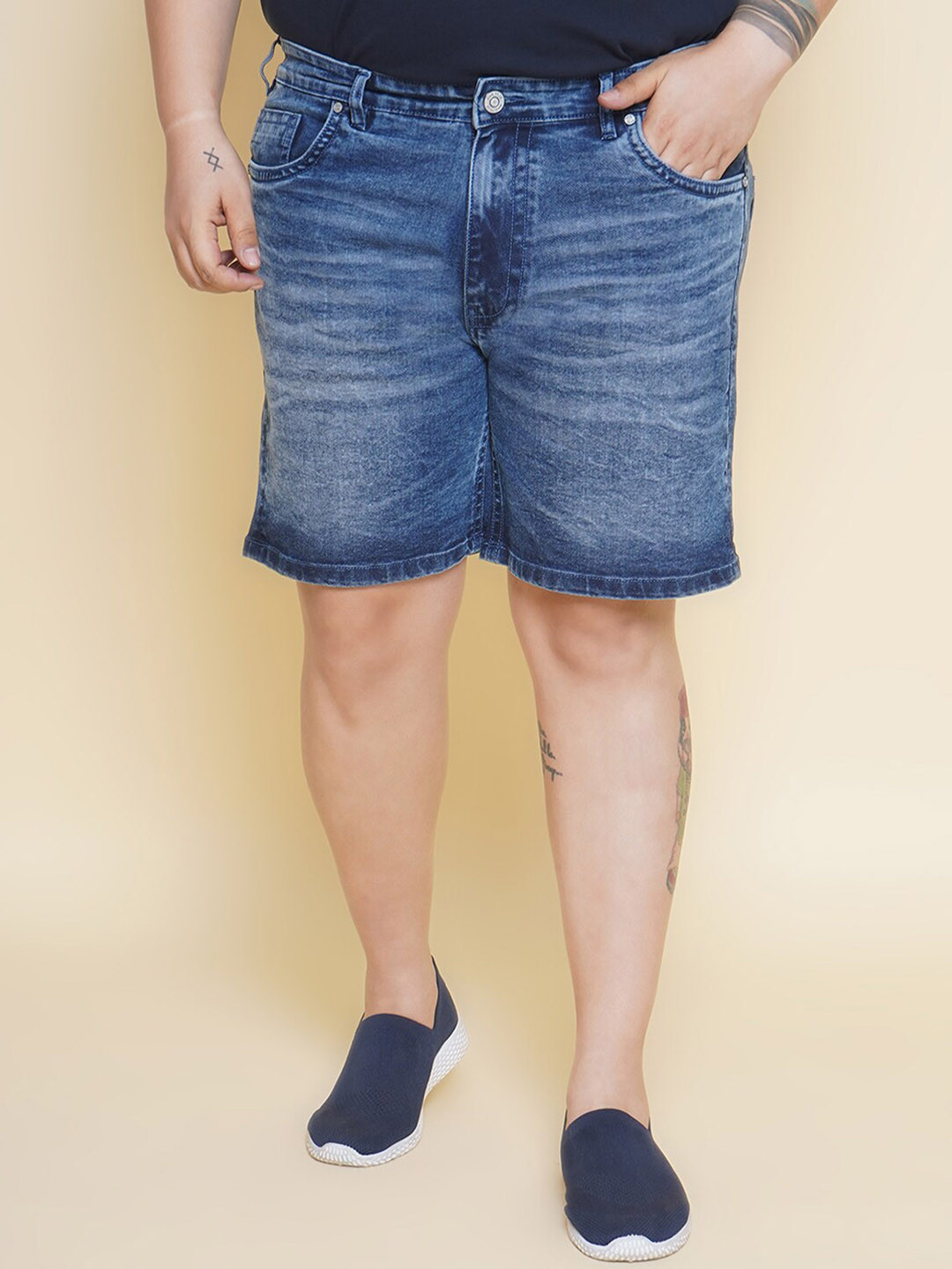 John Pride Men Plus Size Washed Mid-Rie Denim Shorts
