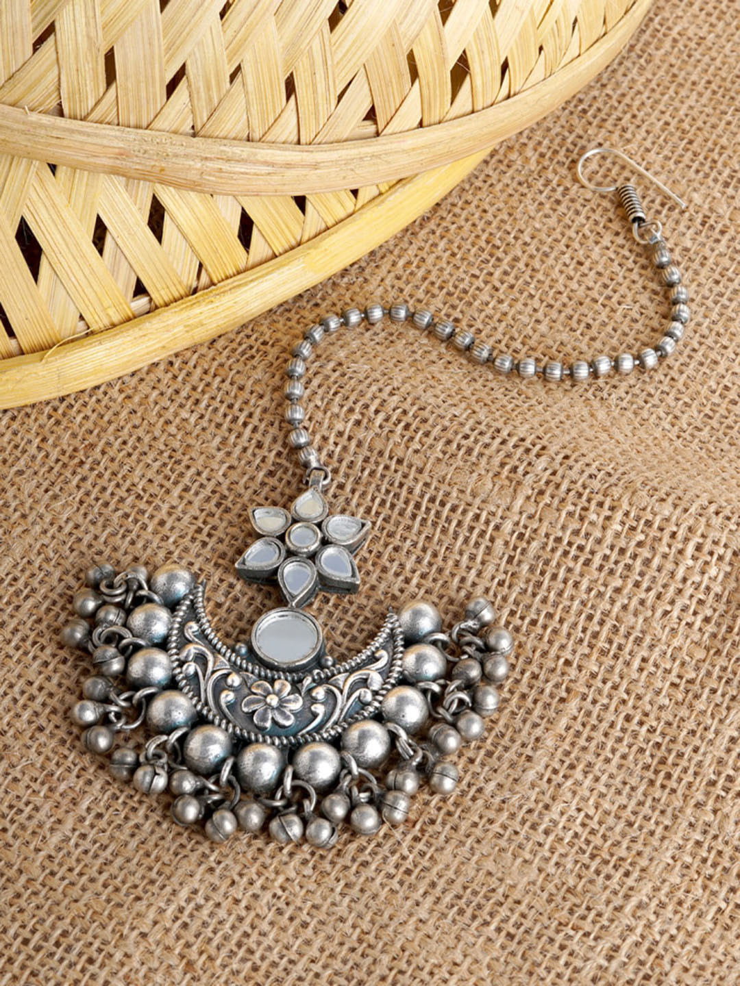 TEEJH White Oxidised Silver-Plated Mirror Work Maangtikka Stone Head Jewellery