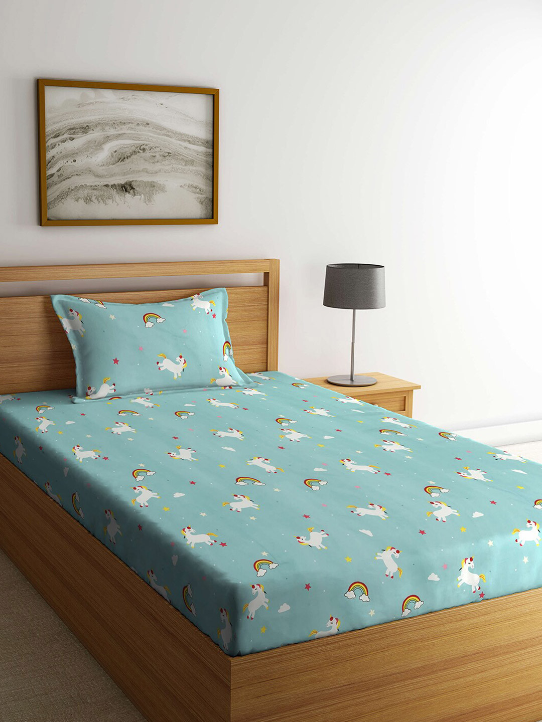 Arrabi Blue Cartoon Characters Polycotton Skin-Friendly 300 TC Single Fine Bedsheet with a Pillow Cover-85 x 59 inches