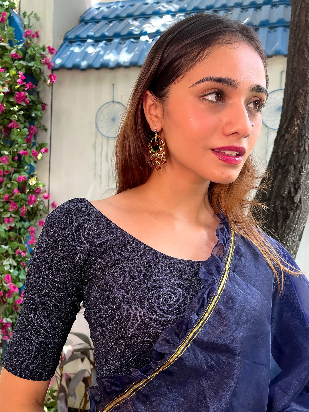 Bindigasm's Advi Metallic Zari Rose Embossed Woven-Design Stretchable Saree Blouse