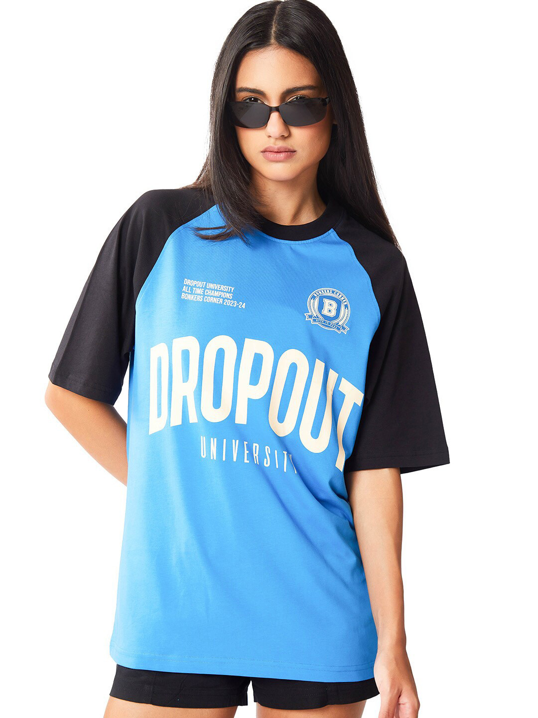 Bonkers Corner Blue Typography Printed Round Neck Raglan Sleeves Cotton Oversized T-shirt
