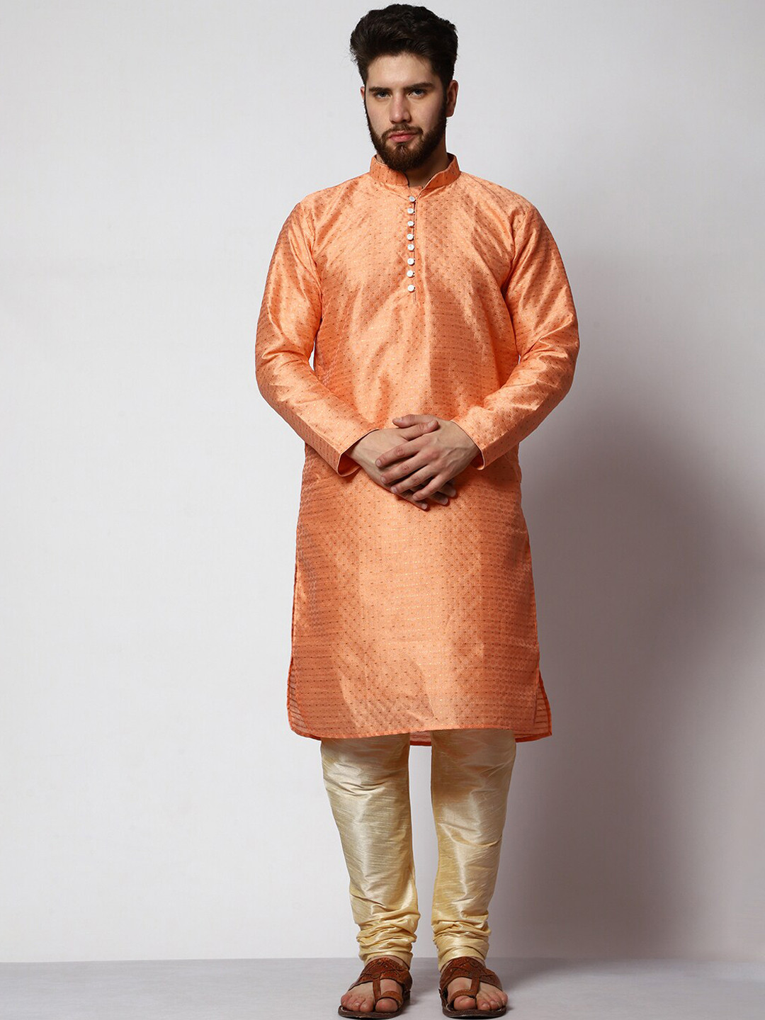 MAG Self Design Mandarin Collar Kurta with Churidar