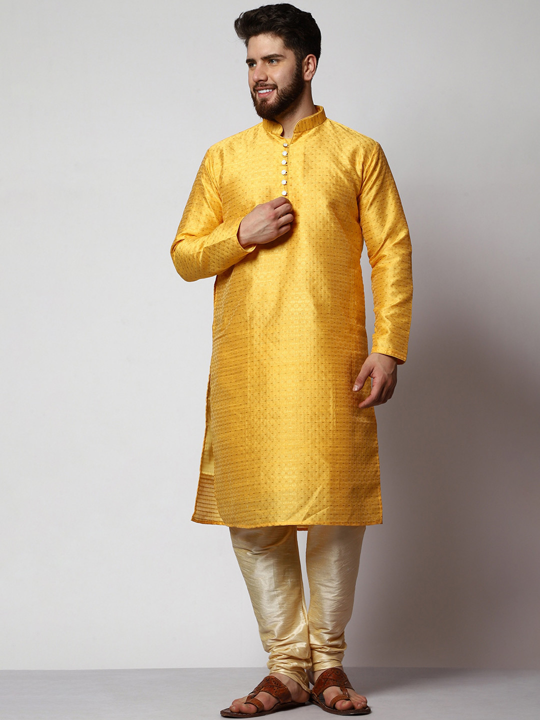 MAG Self Design Mandarin Collar Kurta with Churidar