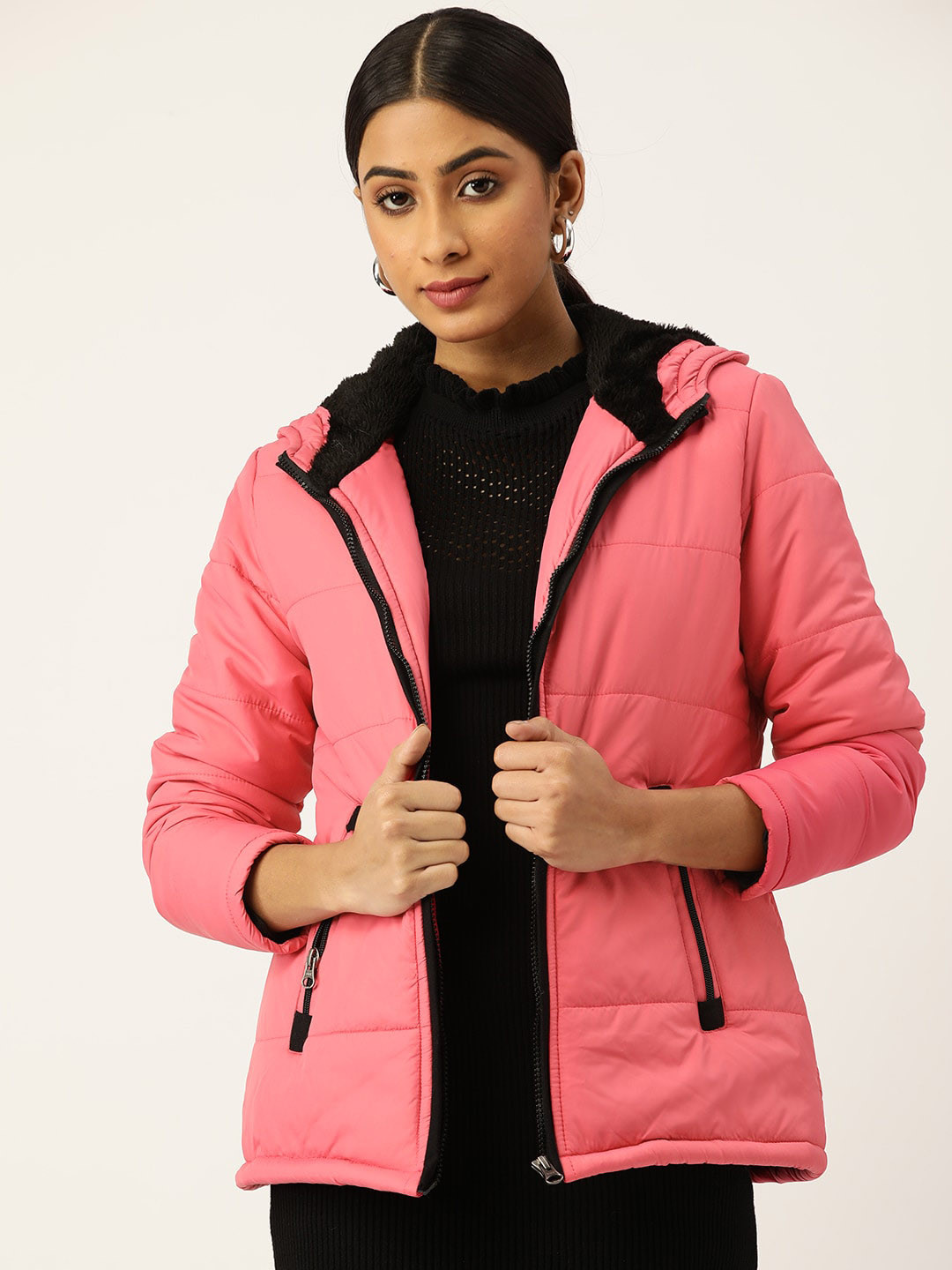 DressBerry Pink Long Sleeves Nylon Hooded Padded Jacket