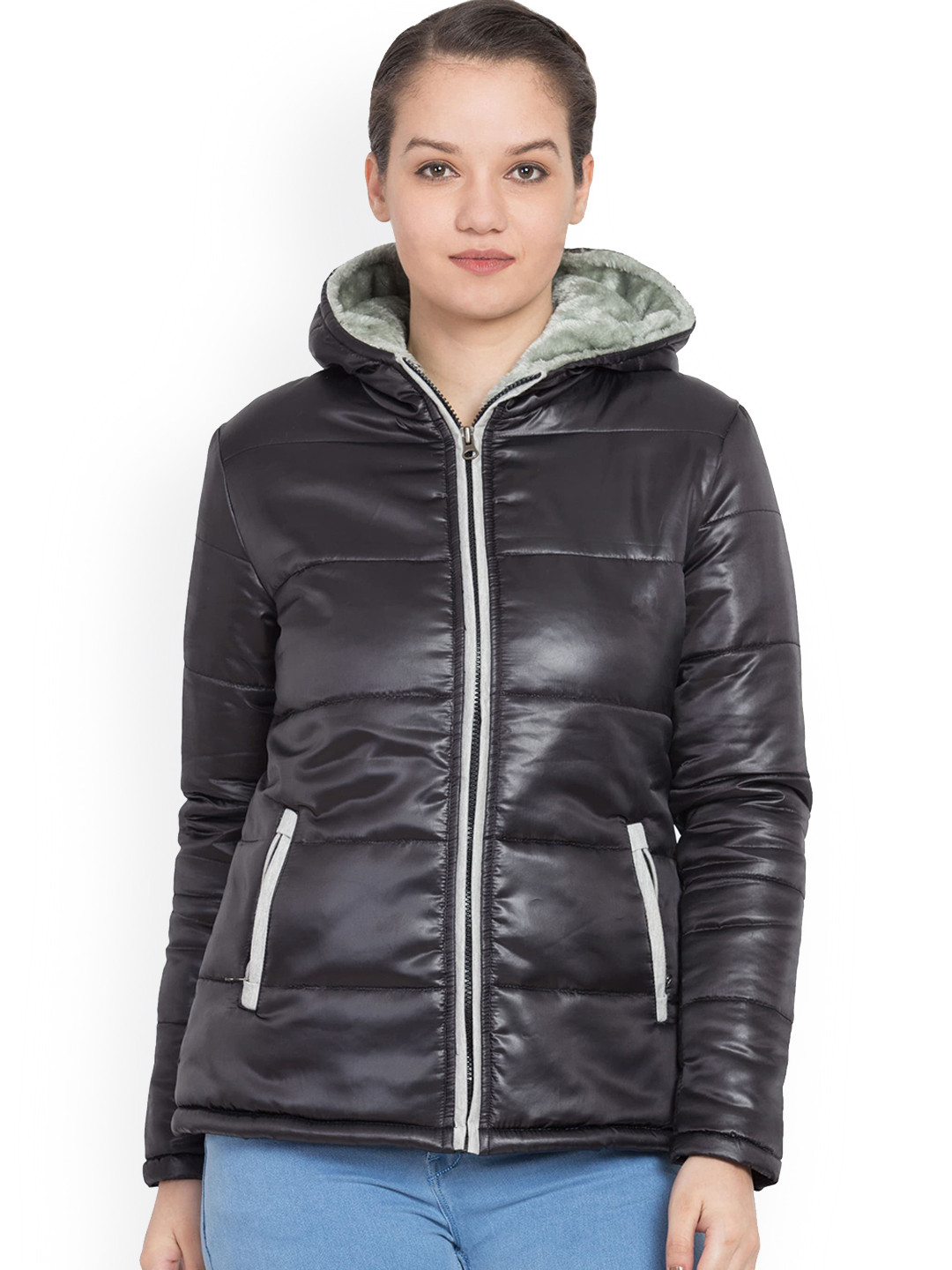 DressBerry Black Long Sleeves Nylon Hooded Puffer Jacket