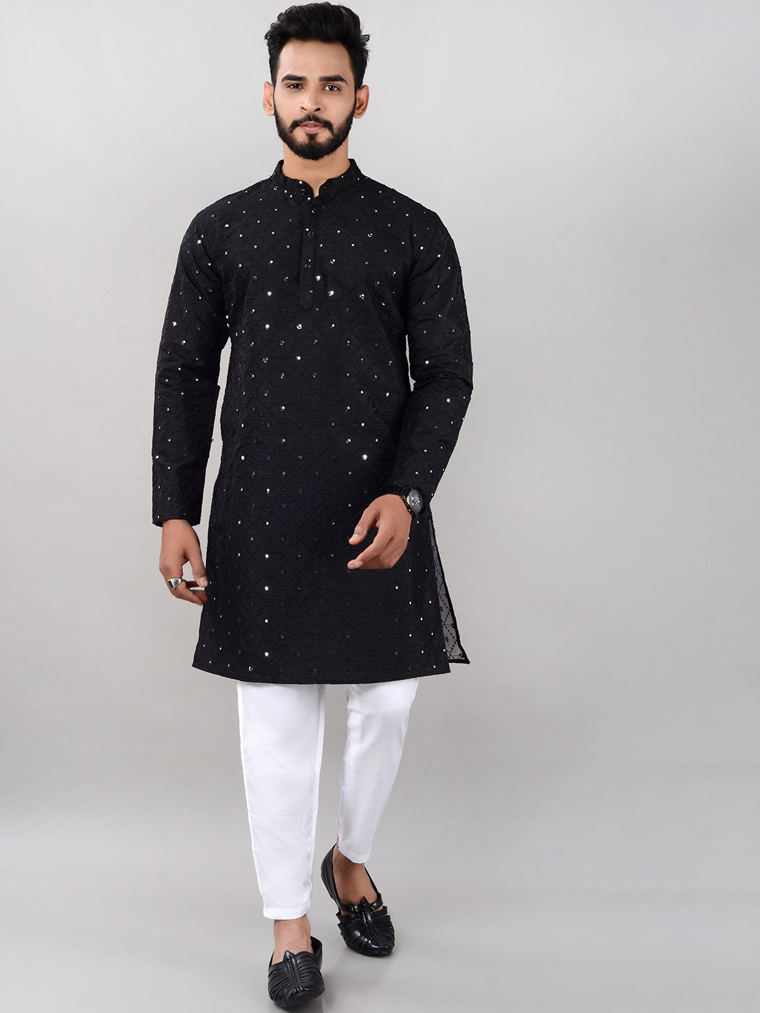 VILLAIN Geometric Embroidered Band Collar Mirror Work Straight Kurta with Pyjamas