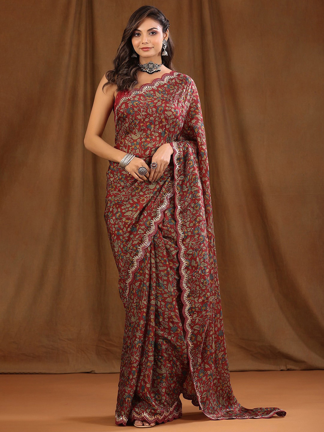 Sangria Maroon Floral Printed Beads And Stones Sarees