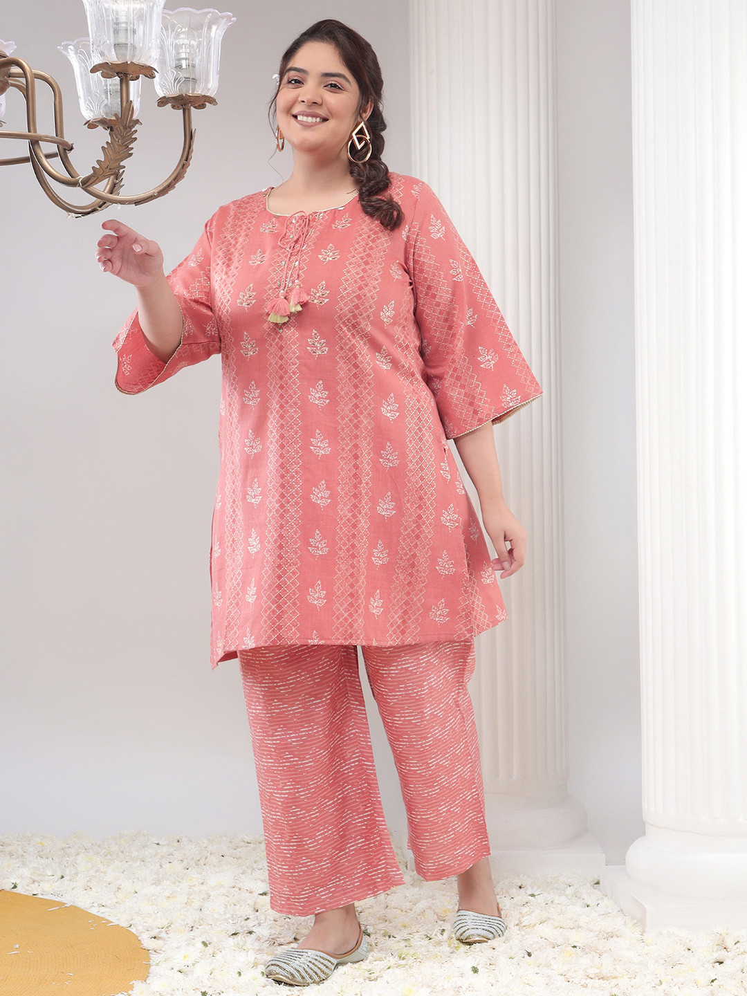 Bani Women Plus Size Ethnic Printed Round Neck Beads & Stones Regular Kurta With Palazzos