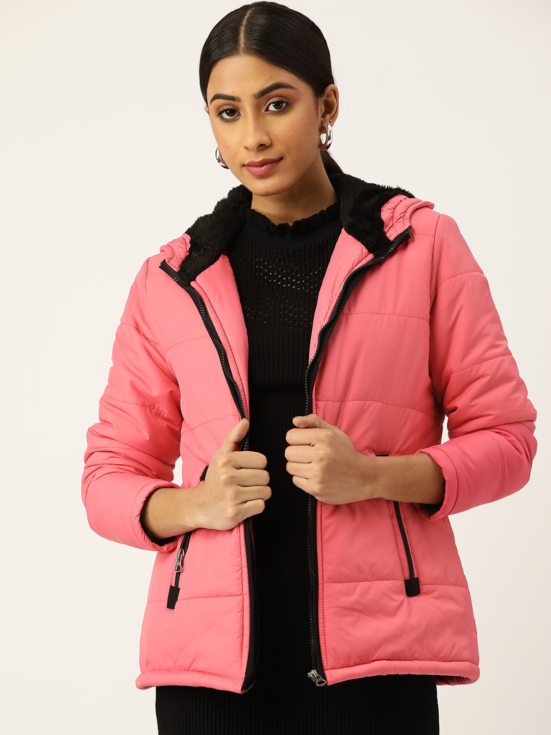 Chemistry Hooded Neck Long Sleeves Faux Fur Trim Nylon Puffer Jacket