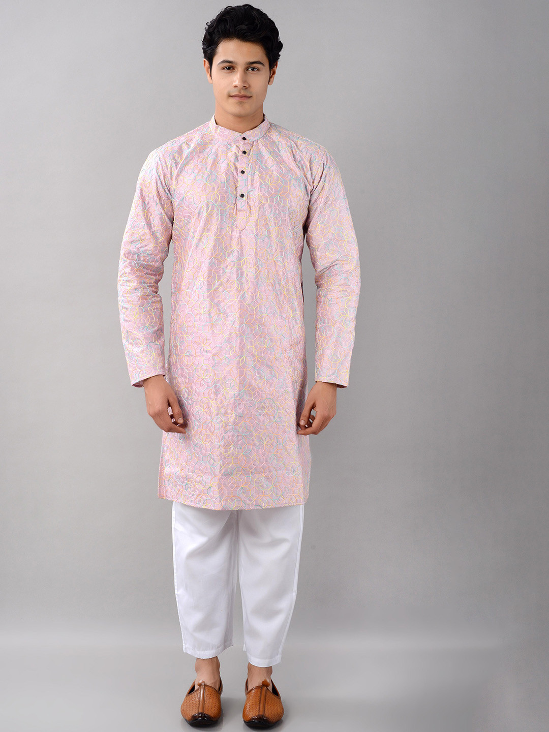 VILLAIN Geometric Embroidered Band Collar Pastels Straight Kurta with Pyjamas