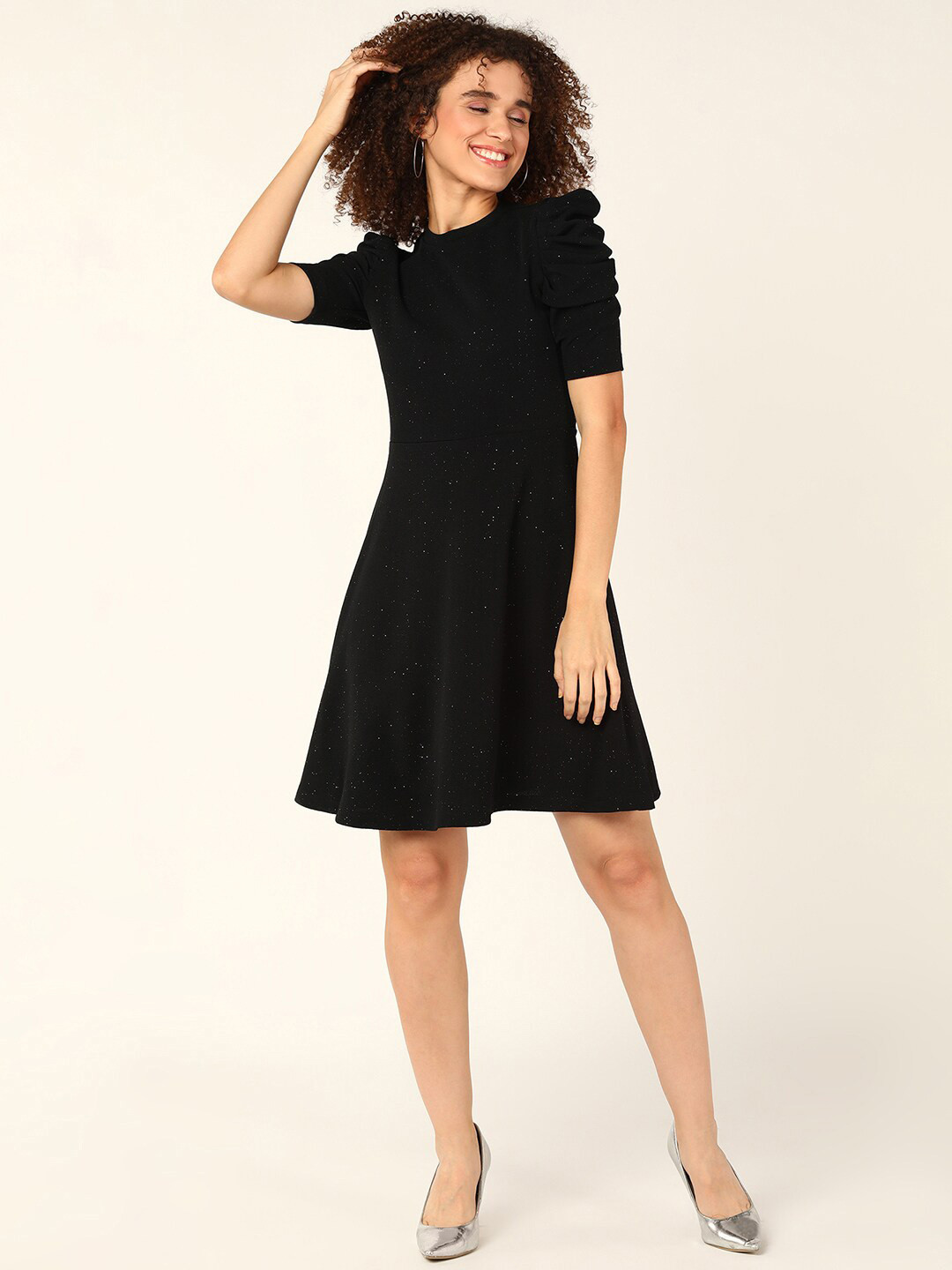 DressBerry Black Round Neck Bling & Sparkly A-Line Dress