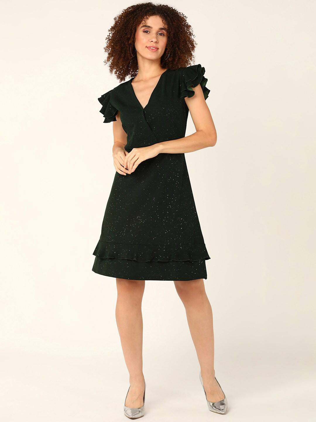 DressBerry Olive Green V-Neck Flared Sleeves A-Line Dress