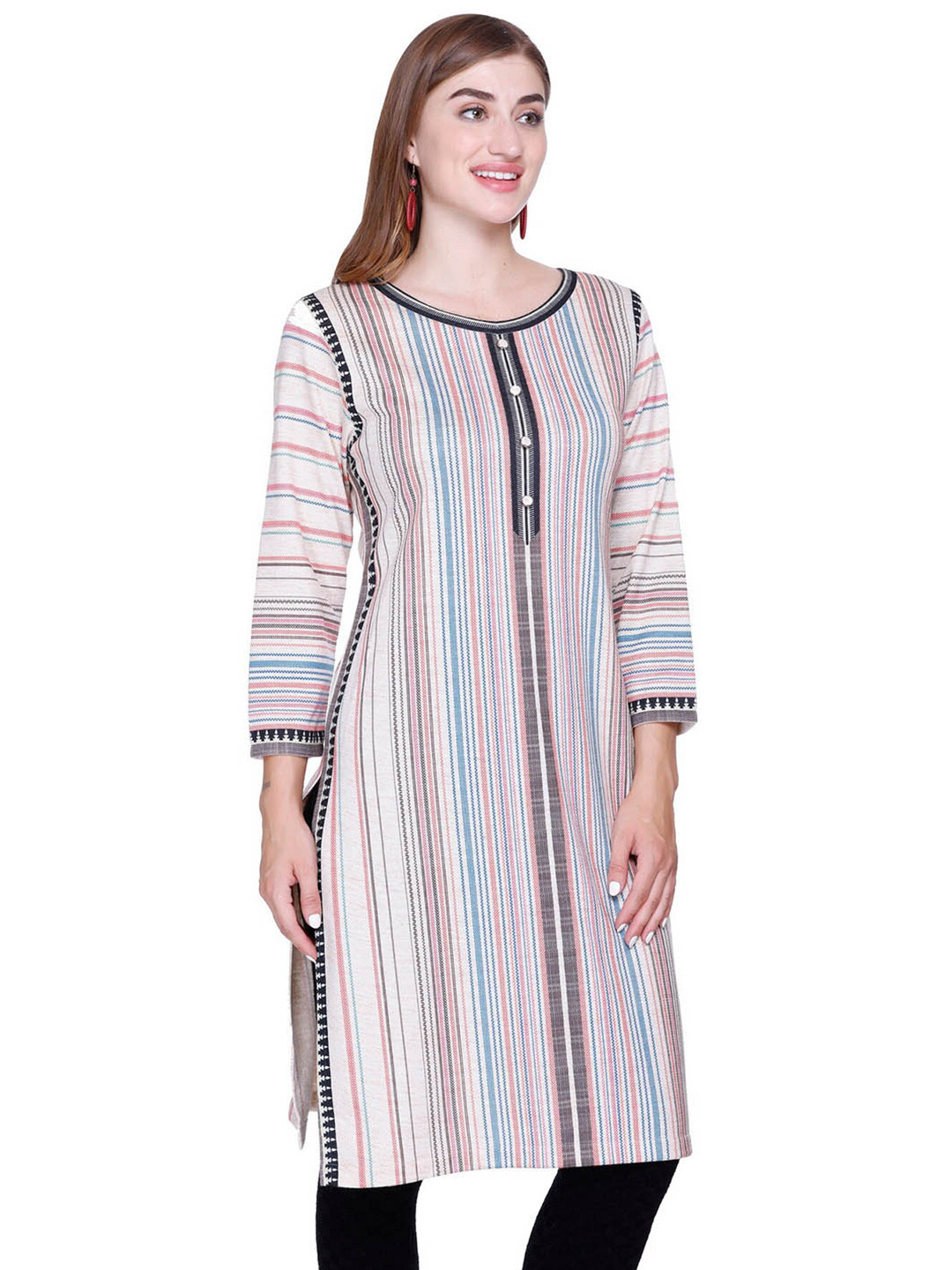 Elthia Striped Round Neck Wool Straight Kurta