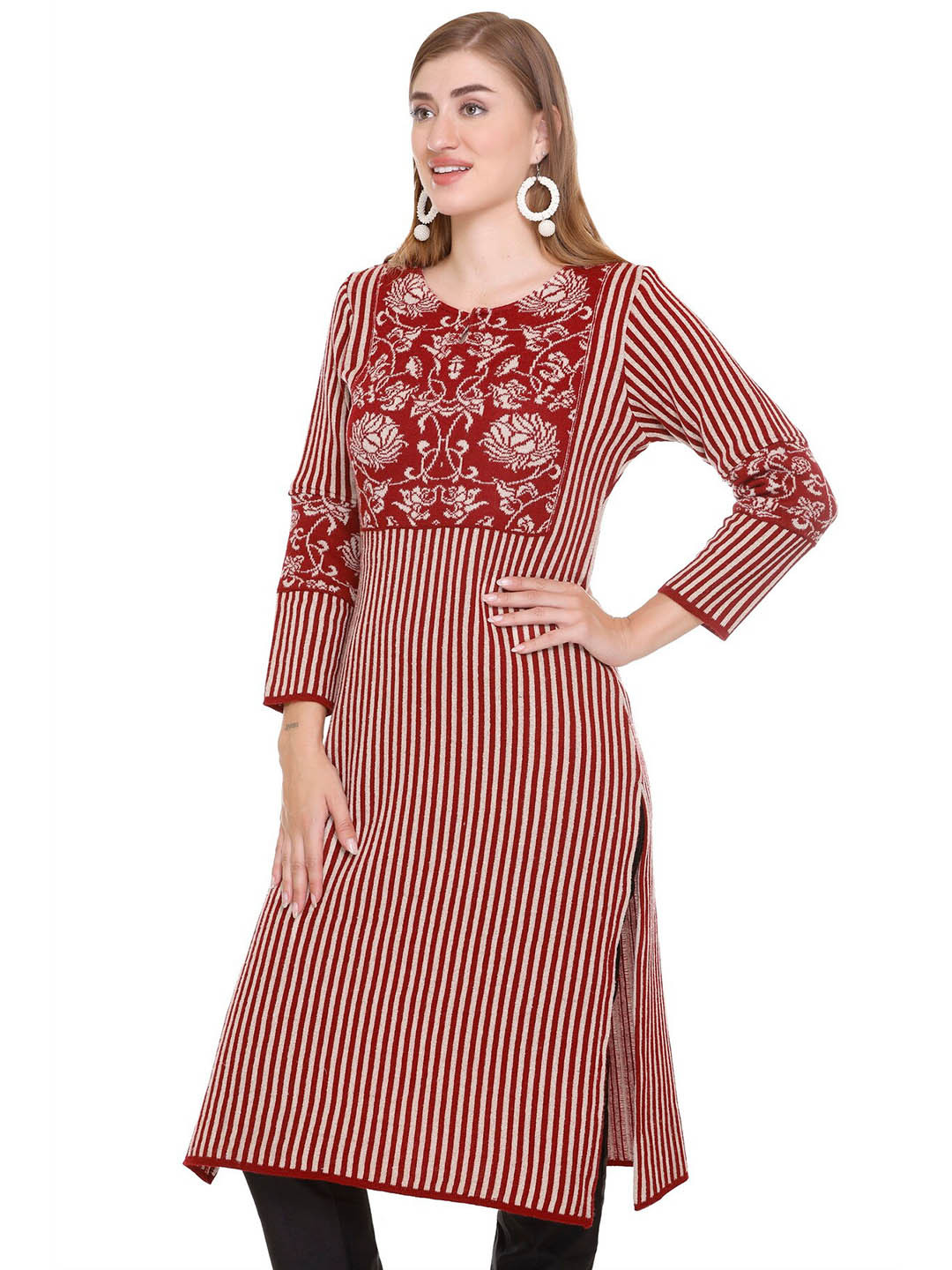 Elthia Striped Keyhole Neck Three-Quarter Sleeves Pure Woolen Straight Kurta