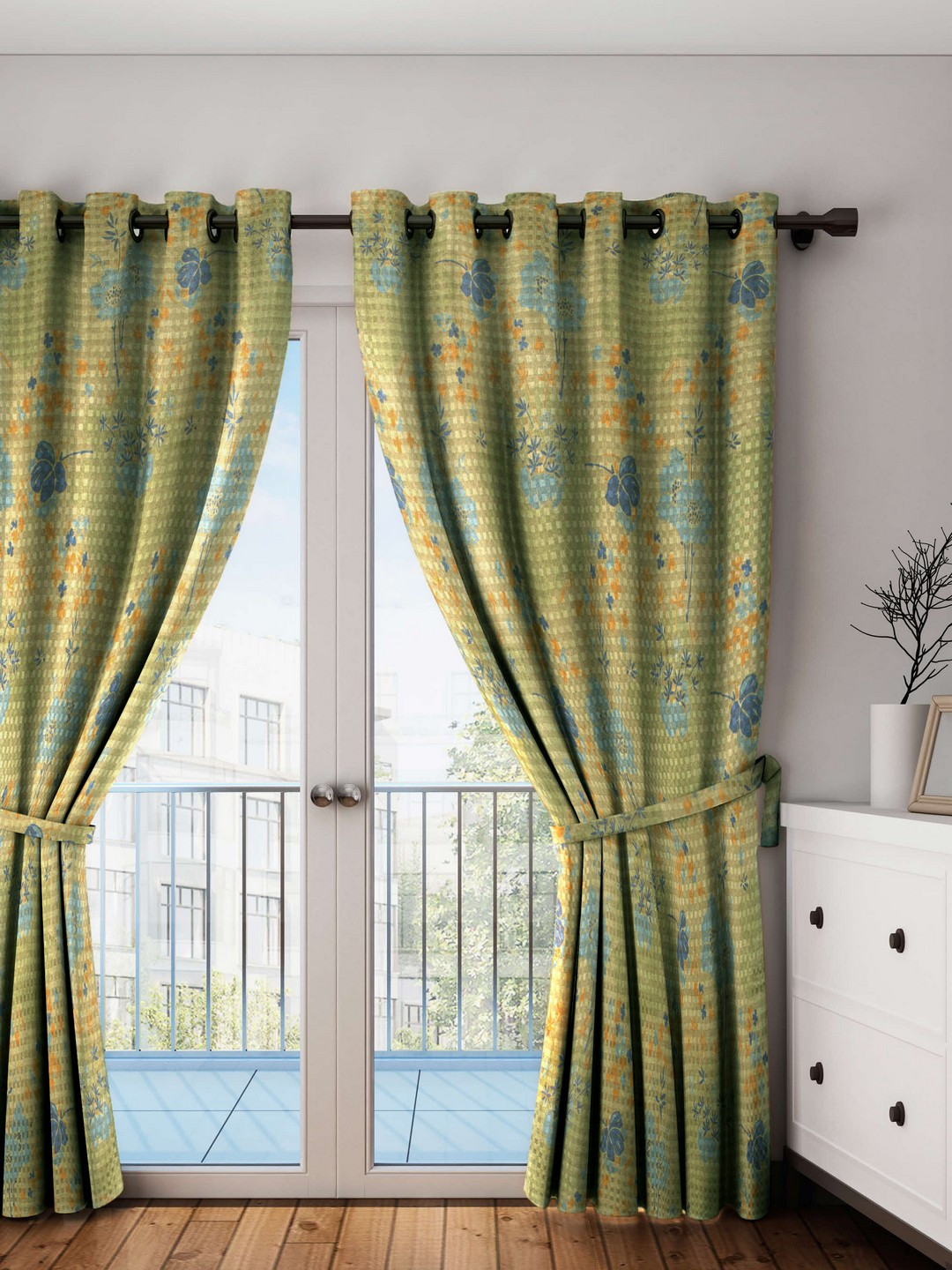 HOUZZCODE Green & Blue Set of Single Door Curtains