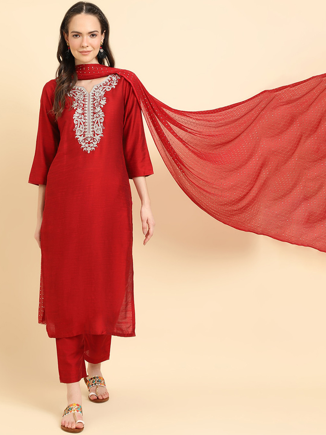 Varanga Red Ethnic Motifs Yoke Design Thread Work Kurta Wth Trousers & Dupatta