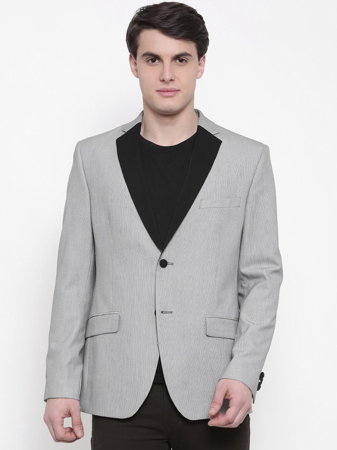 Theme Men Grey Self-Design Single Breasted Super Slim Fit Casual Blazer