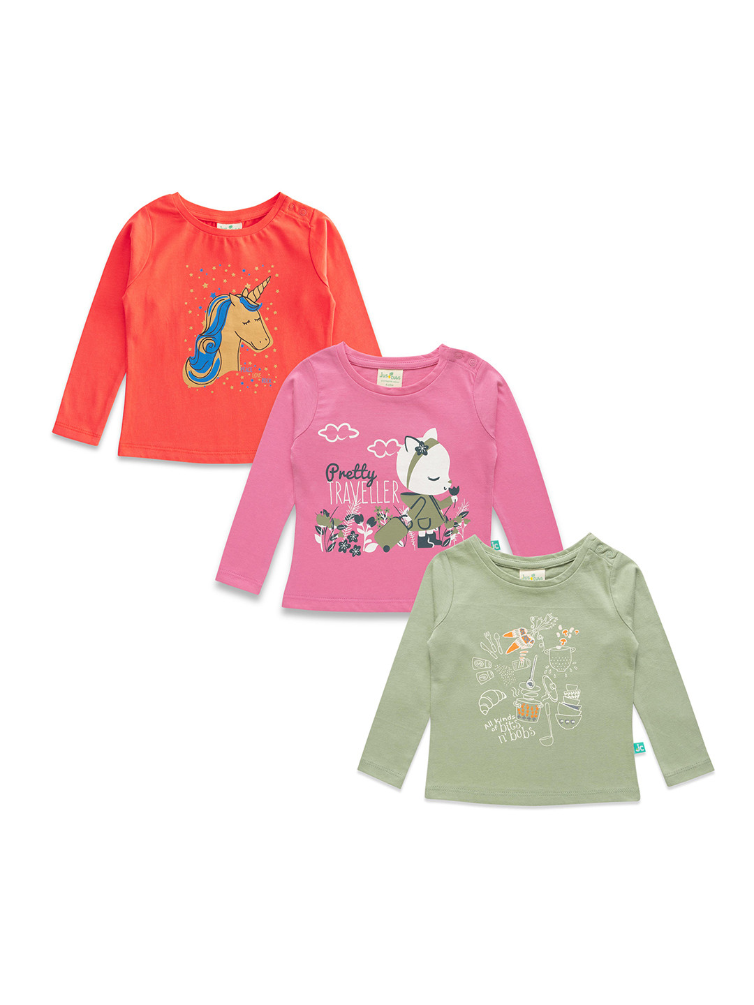 JusCubs Girls Pack Of 3 Graphic Printed Cotton T-shirts