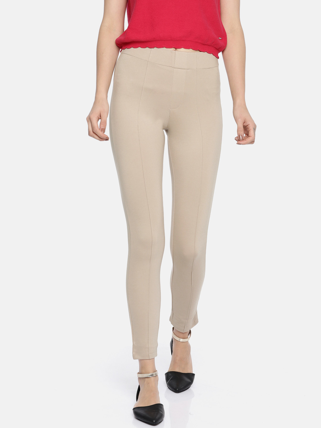 Buy Kraus Jeans Women K4005 Beige Solid High Rise Treggings