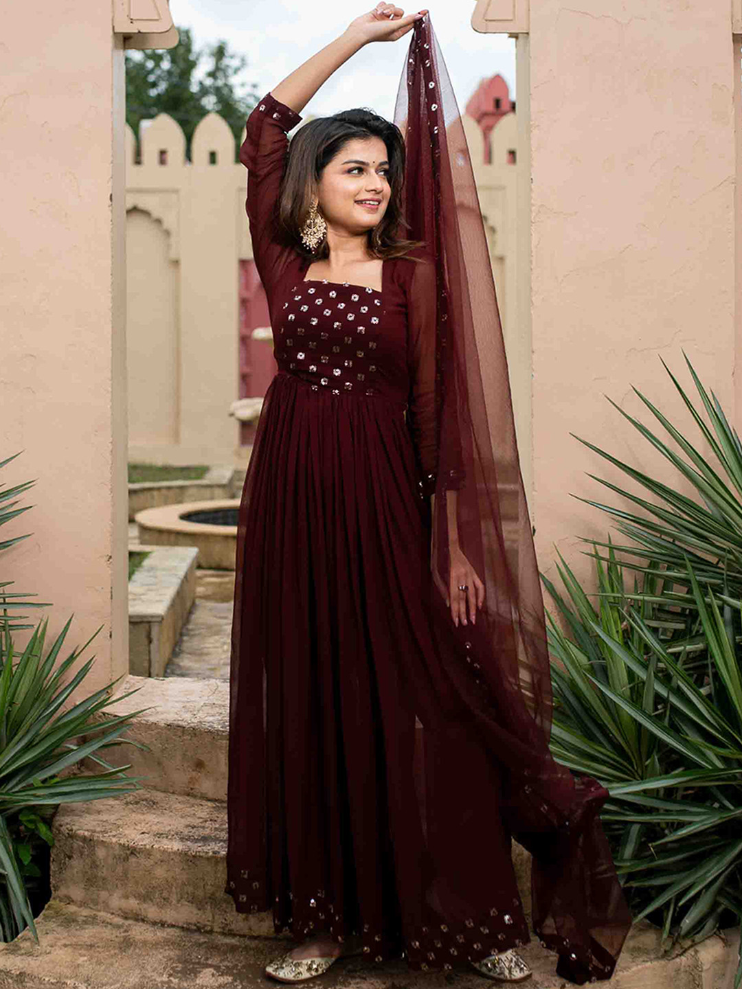 Label Shaurya Sanadhya Geometric Yoke Design Sequinned Kurta With Trousers And Dupatta