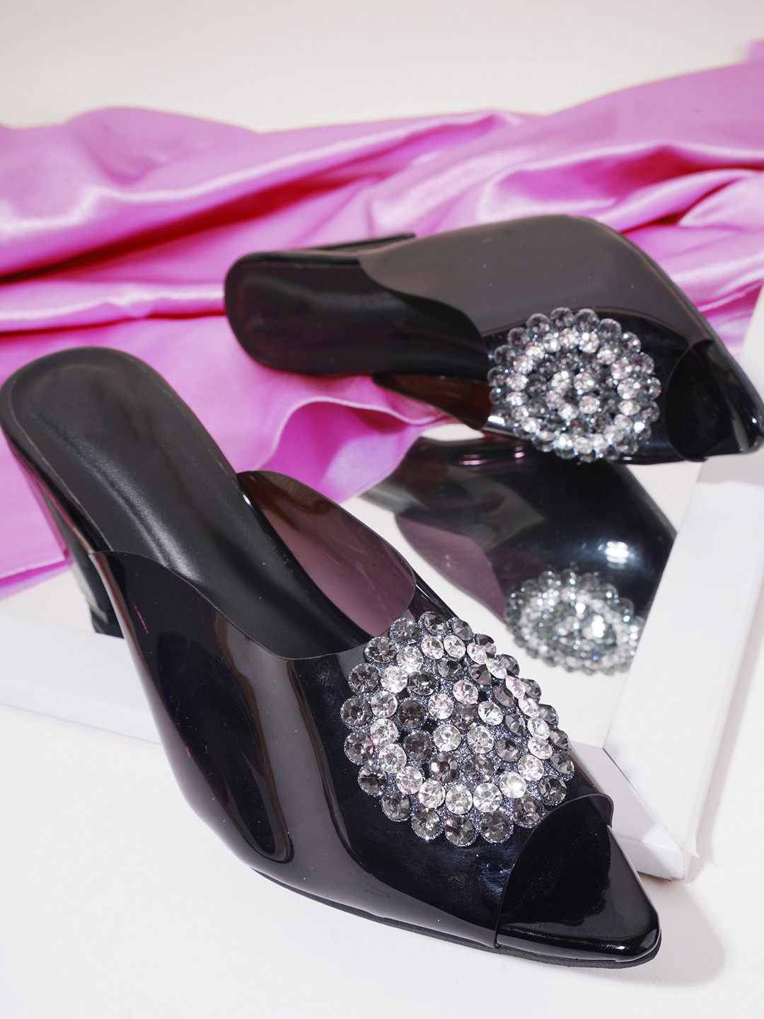 Try Me Embellished Peep Toe Block Heel Mules