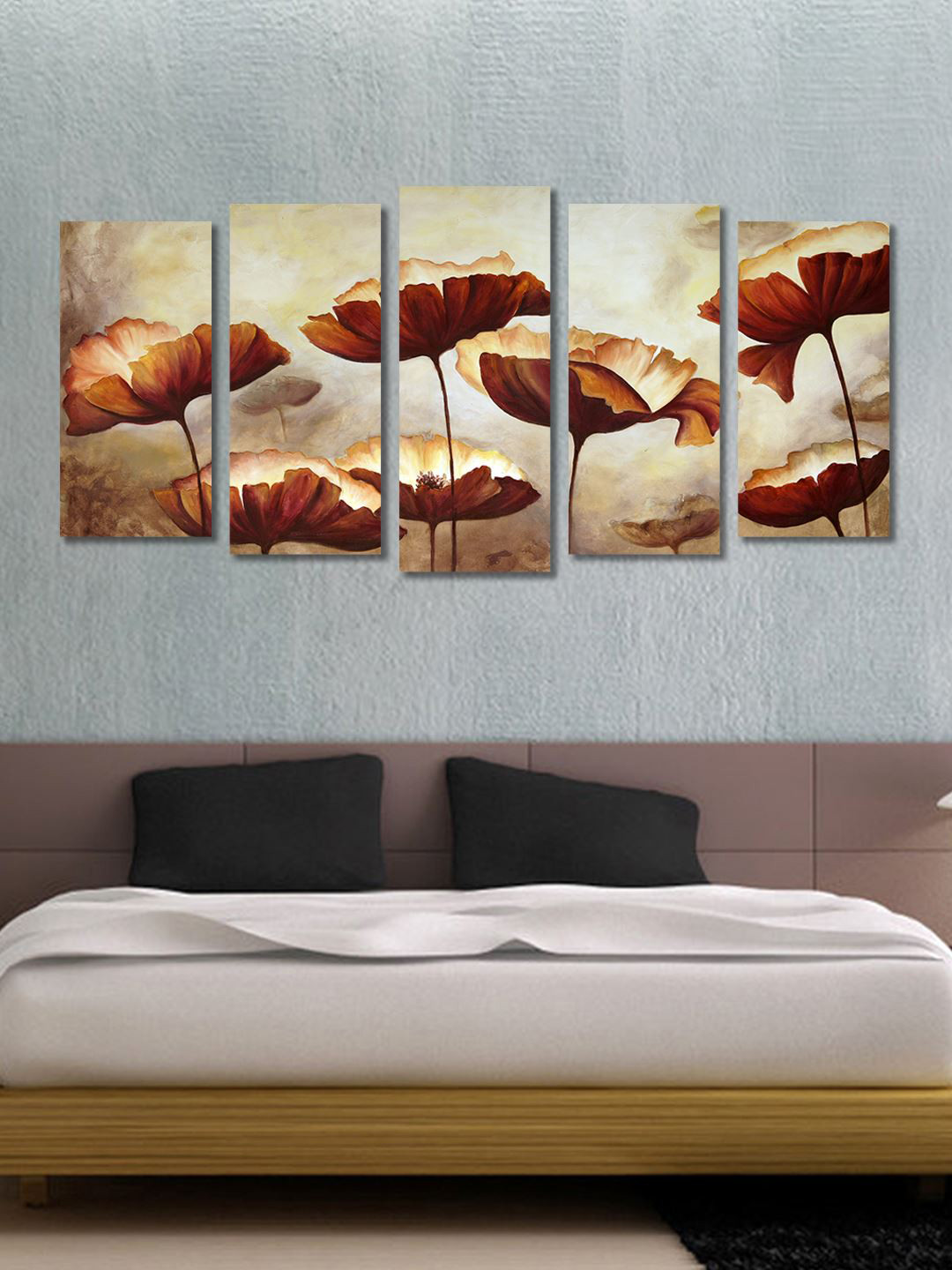 999Store Flower Printed Brown Canvas 5 Piece Portrait Paintings Wall Art-27.6 x 11.8In