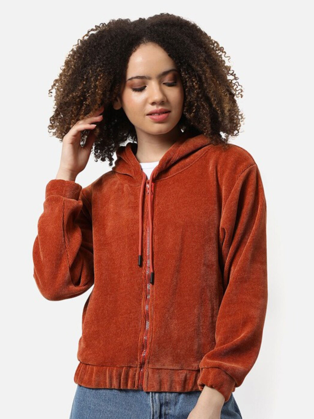 Campus Sutra Orange Hooded Long Sleeve Cotton Front-Open Sweatshirt