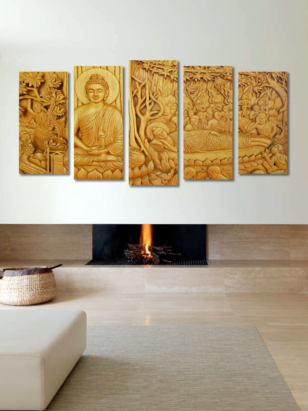 999Store Buddha Wood 5 Pcs Wall Rectangle Paintings Wall Art